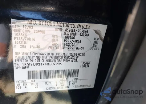 2004 Ford Escape Xlt из США, поврежденный, VIN 1FMYU93174KB87906